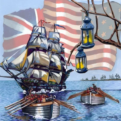 Drawing of tall ship on water